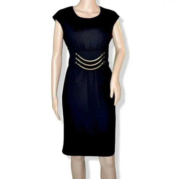 Calvin Klein Black Structured Gold Chain Minimalist Sheath Fit Flare Dress 8 M - Picture 2 of 4